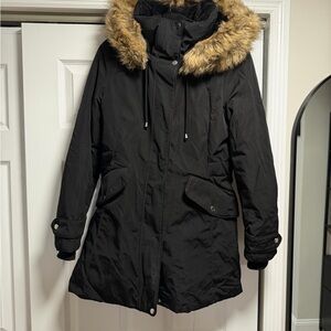 ZARA Women's Black Parka with Faux Fur Trim
